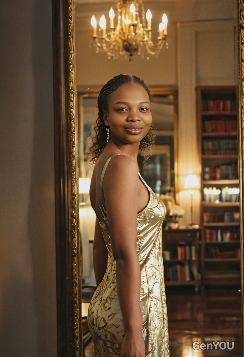 in a silk slip dress, in a candlelit library, her reflection visible in a gilded mirror. Blurred background, soft focus.