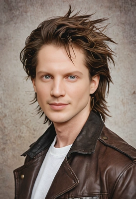 Choppy, layered mullet with a natural brown finish, inspired by David Bowie’s Ziggy Stardust era, soft focus, blurred background