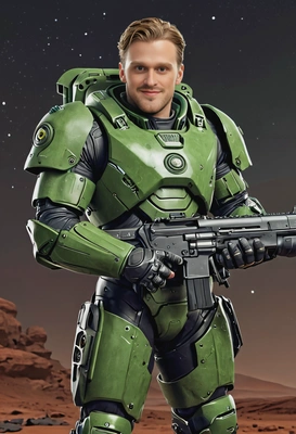 as a futuristic space marine, in green power armor, holding a large gun, looking at the camera, smiling, battlefield on Mars, night, symmetrical clothing details, cartoon style, high-quality stylized art