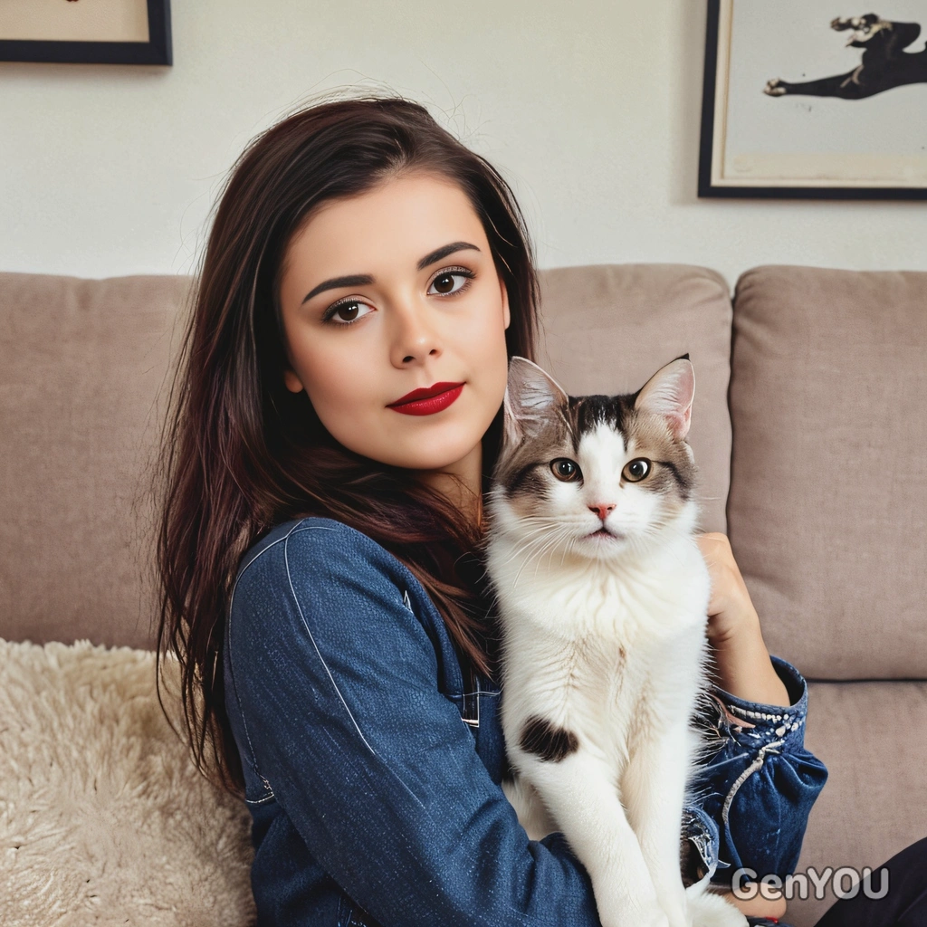 on a sofa with a cute cat 