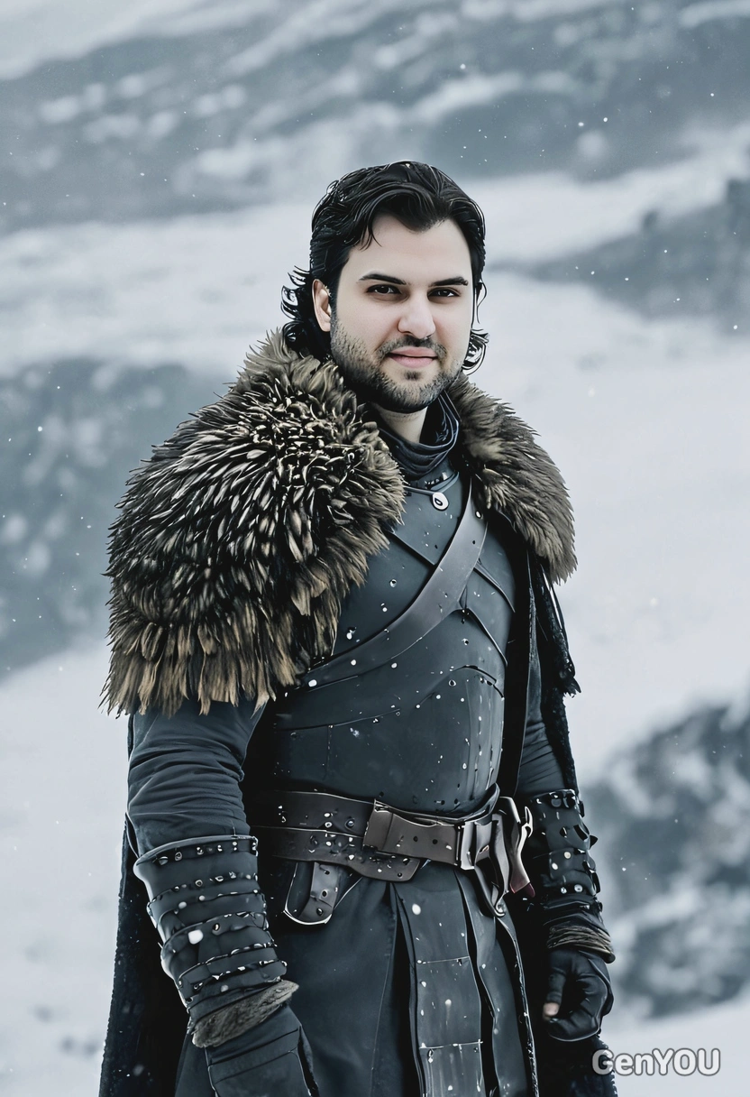 as Jon Snow from Game of Thrones, wearing fur armor, standing on a snowy hilltop, full body, blurred background, movie still