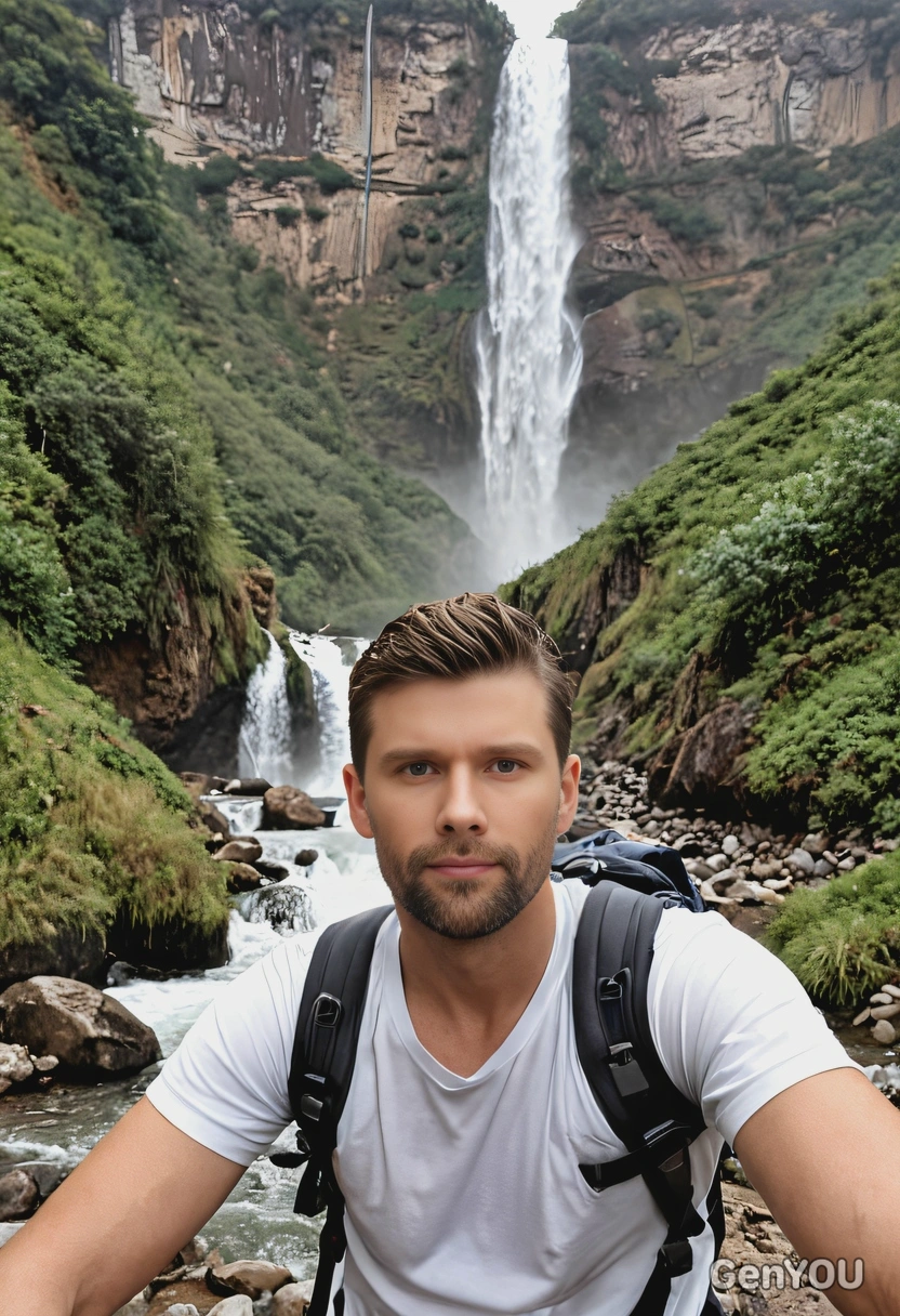 A traveler standing near waterfalls in a mountainous region, look at the camera