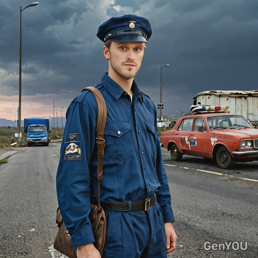 as a postman, in torn dirty dark blue postman uniform and cap, on a lonely post-apocalyptic highway, abandoned cars, evening, looking at camera, vivid colors, high-quality cinematographic style
