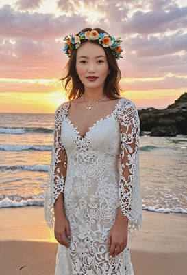 Bohemian bride on beach at sunset, showcasing natural beauty