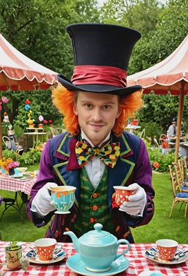 as a quirky mad hatter, large eccentric hat, pouring tea at a whimsical garden party, vivid cartoon colors, smiling, looking directly at the camera, symmetrical clothing details, cartoon style, high-quality stylized art