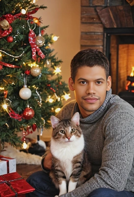 sitting by the fireplace with his cute cat, near a glowing Christmas tree, soft focus, facing the viewer 