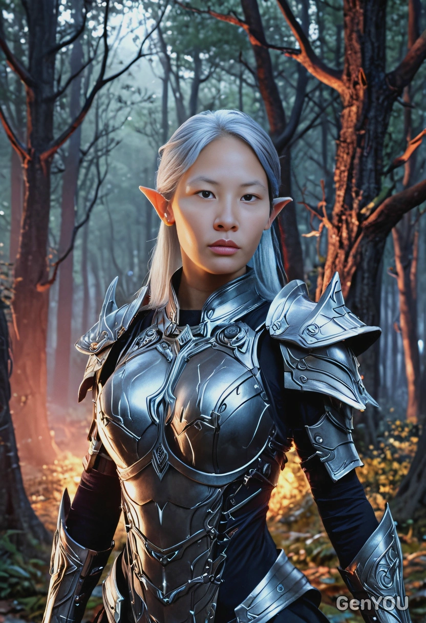 as a mystical elf with flowing silver hair, glowing armor, standing in a moonlit forest, eyes on camera, vivid colors, symmetrical clothing details, video game style, high-quality stylized art