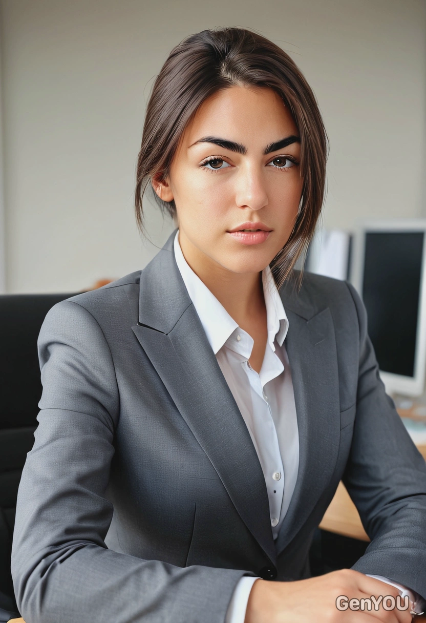 neat business suit, flight hair, serious look, sitting at the office desk, blurry office background, sharp high-quality, soft shadows