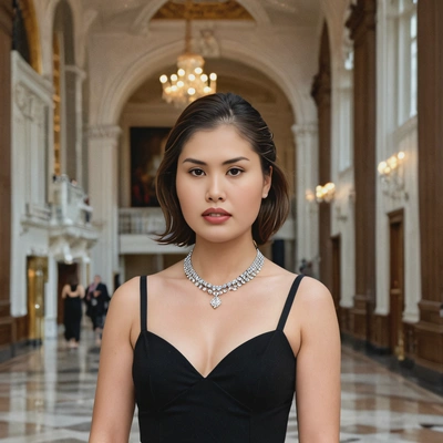 in a classic black dress and diamond necklace, standing in a grand hall, blurred background, soft focus