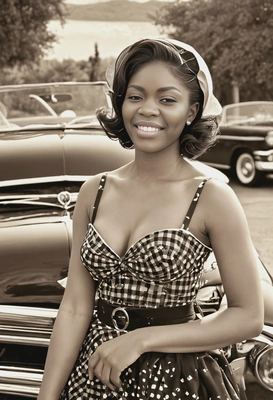 in a 1950s pin-up style outfit, posing by a vintage convertible, captured in sepia, blurred background