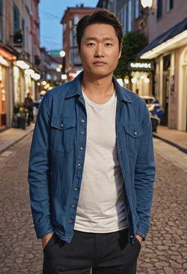 as a man in a casual outfit, standing in the street, evening lighting, cinematic quality, hands in the pockets