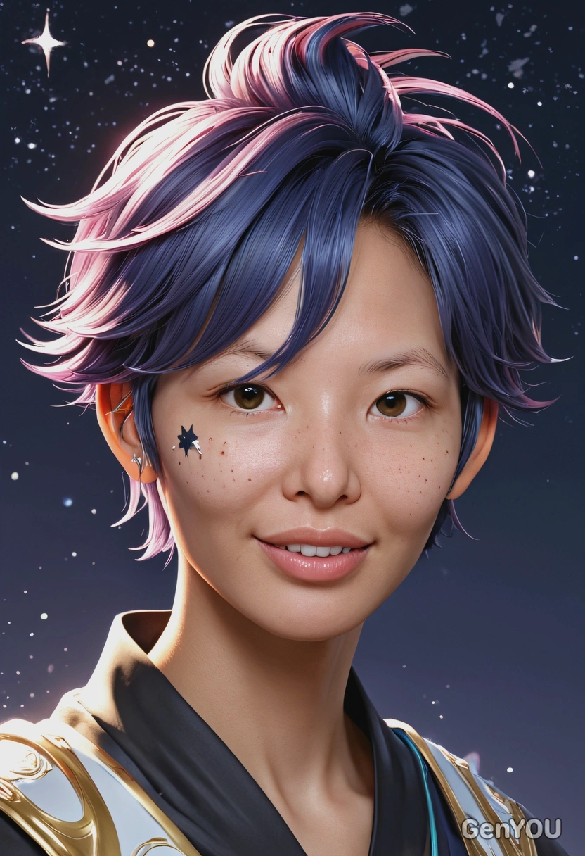 as a character from Genshin, smiling, anime hair, shiny stars, high-quality stylized art, eyes on you, visible brushstrokes 