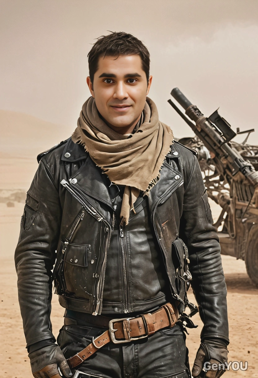 as Mad Max from Mad Max: Fury Road, wearing his worn-out leather jacket and scarf with a sawed-off shotgun, standing in a post-apocalyptic desert with a massive sandstorm approaching