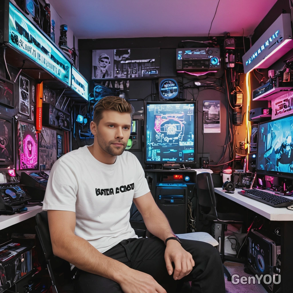 sitting in a small cyberpunk apartment, surrounded by neon decorations