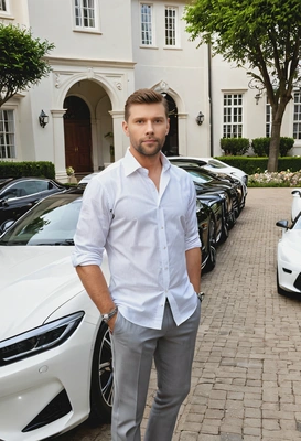 standing near a row of luxury cars in an exclusive estate’s courtyard, portrait