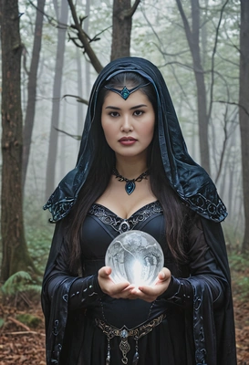 dressed as a dark sorceress, holding a glowing crystal ball in a misty forest