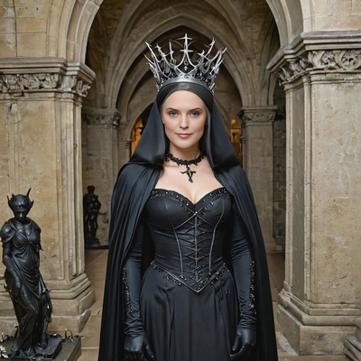 dressed as a gothic vampire queen, with a long black gown and a crown of thorns, standing in a dark crypt filled with stone statues