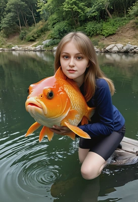 riding a giant goldfish like a horse, staring straight ahead