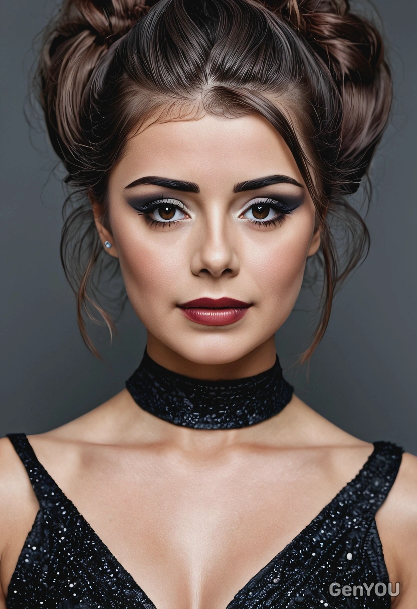 with extravagant makeup and hairdo, dark lips, complicated eye shadow art, blurred background, symmetrical details