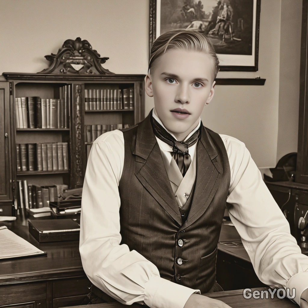 in a Victorian waistcoat and cravat, sitting at a grand desk, captured in sepia