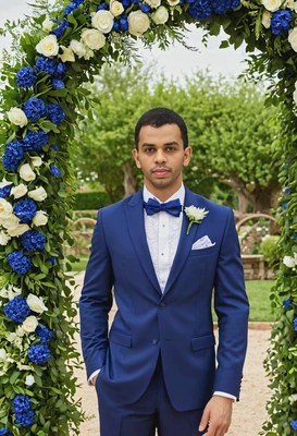 as a groom in a royal blue suit with a floral tie, standing under a floral arch at an outdoor wedding