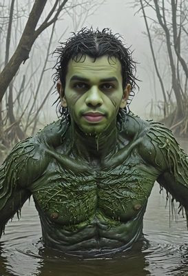 as a swamp monster, with slimy green skin and glowing eyes, rising from the misty waters of a dark, eerie swamp.
