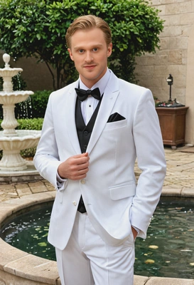 as a groom in a classic white tuxedo, standing near an elegant fountain in a courtyard