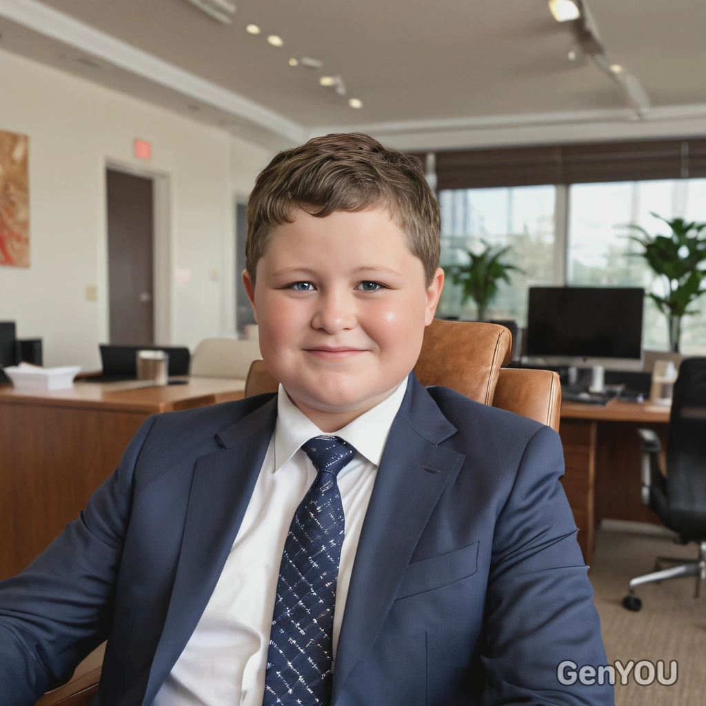 a public relations specialist, blurred background, sitting on a comfortable chair in an expensive office, add more hair