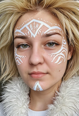 with a makeup look that mimics the patterns of lion