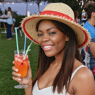 drinking a glass of a colorful cocktail, straw hat, evening outdoors party