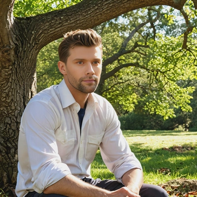sitting around to an old oak tree, with soft sunlight filtering through the leaves