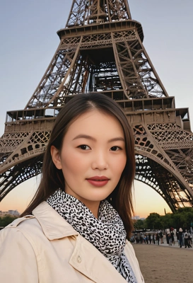 standing in front of the Eiffel Tower at sunrise, the soft glow of dawn reflecting in their eyes