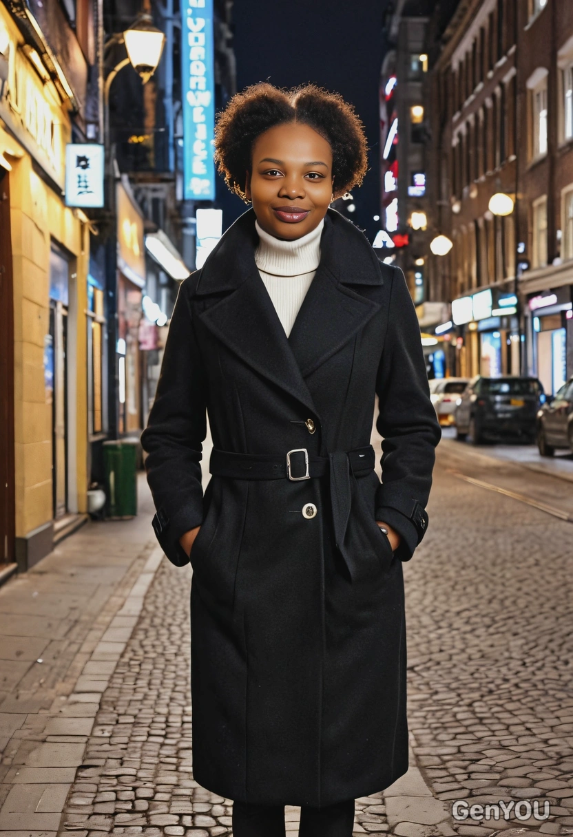 in a stylish wool coat walking through a city with winter night lights