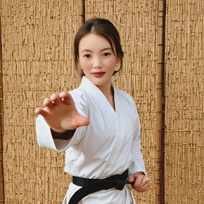as a karate master, dressed in a traditional white karate gi with a black belt, mid-punch in a dojo with bamboo walls, mid shot photo