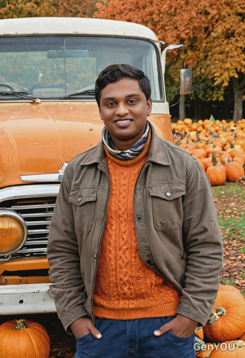 standing next to a vintage truck filled with pumpkins, autumn background