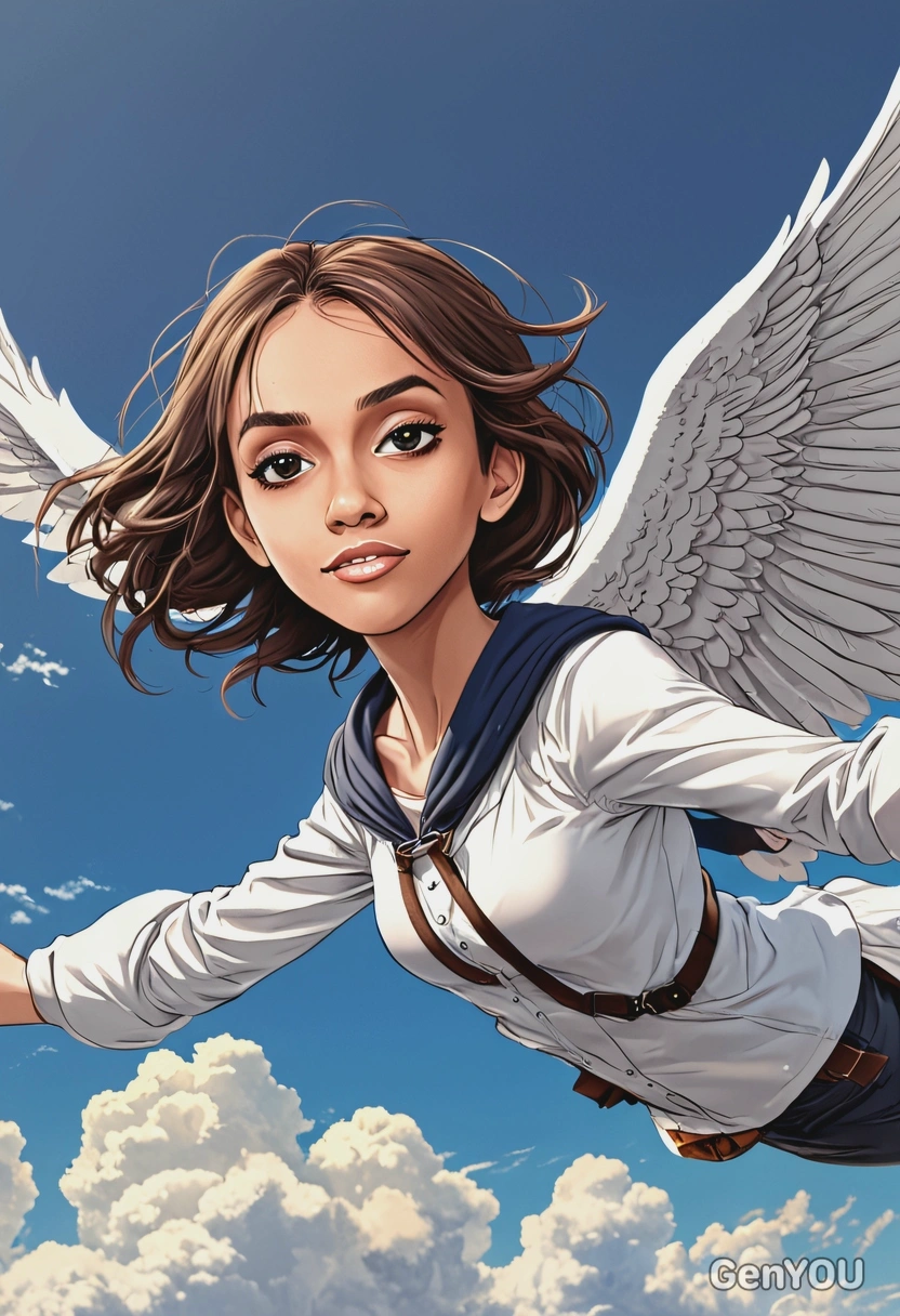 soaring through the sky, anime style, big eyes, manga drawing