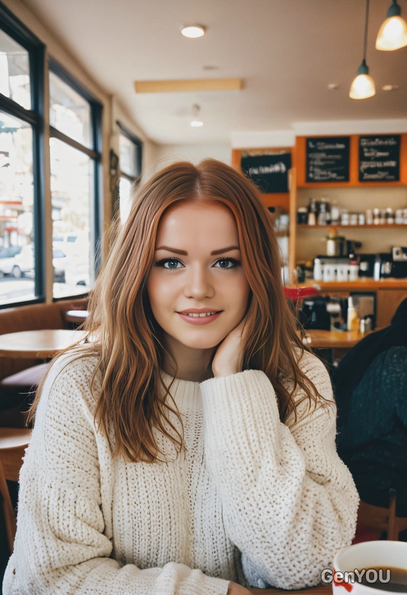 at a cafe, oversized sweater, coffee, gently tousled hair, soft smile, eyes on you, symmetrical clothing details, vivid colors, sharp high-quality image, midday indoor lighting, fujifilm instax view