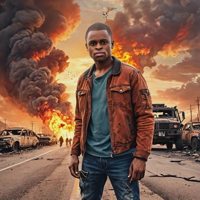as a survivor of apocalypse, in dirty tattered casual clothes,  mutant wolves, standing on a cracked highway stretching into a burning sunset, surrounded by deserted rusty vehicles, close-up selfie, vivid colors, high-quality cinematographic style