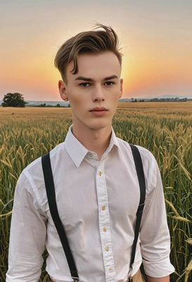 as a man in a button-down shirt and suspenders, standing alone in a wheat field at dusk, with the sun casting a golden glow over the scene