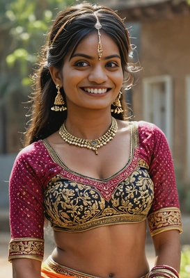 a village girl,perfect body shape, long face, young lady, perfect tan skin, glowing and very smooth skin, Full body, wide waist , big hip,Extremely Realistic, wide waist , big hip, Sexy Bengali Married Woman, Intricate, 8k, HDR, Masterpiece, Cinematic Lighting, Sharp Focus, Cheek Make Up, Eyelid Make Up, Eyeliner, Mascara, Glossy Lips, super alluring eyes, bronze long hair, vermilion on sithi, red