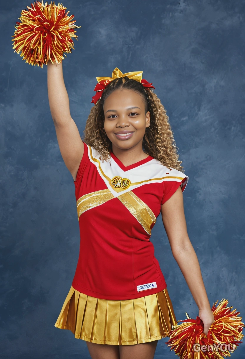 as a 90s cheerleader in a red and gold uniform, holding pompoms and smiling brightly, against a traditional blue yearbook background