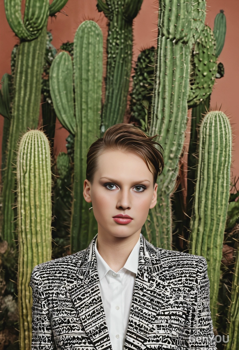 at a fashion magazine photoshoot, blurred background, cacti, symmetrical details