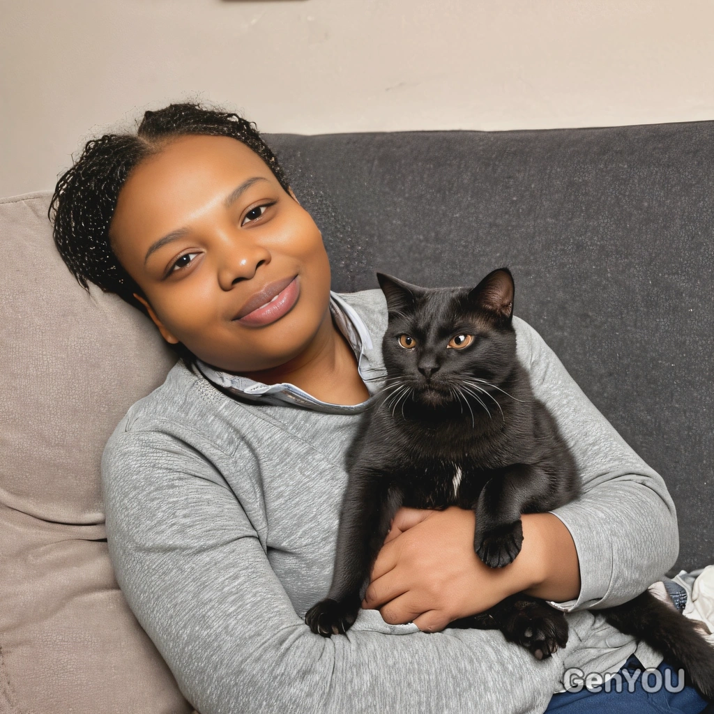 with a british shorthair cat purring on her lap 