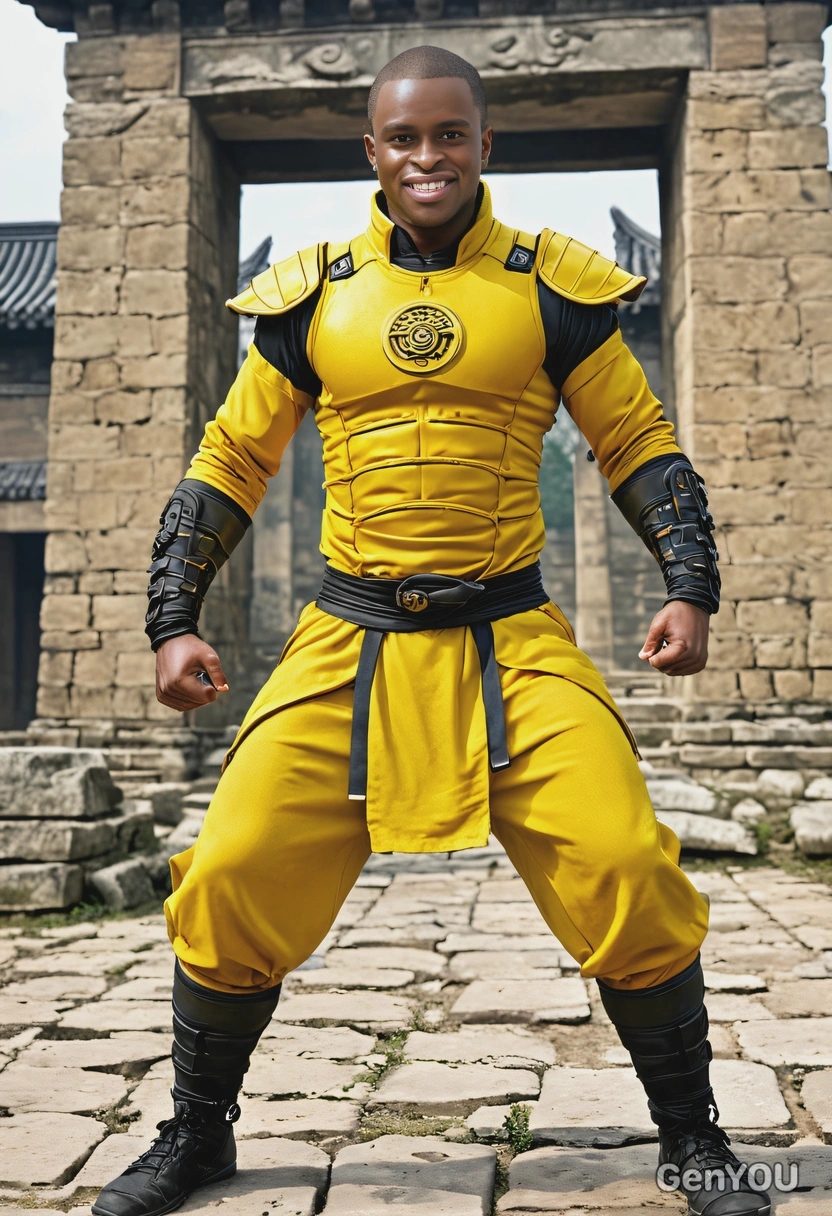 as a muscular martial artist, yellow ancient Chinese combat suit, ancient ruins behind, looking directly at the camera, smiling, symmetrical clothing details, cartoon style, high-quality stylized art