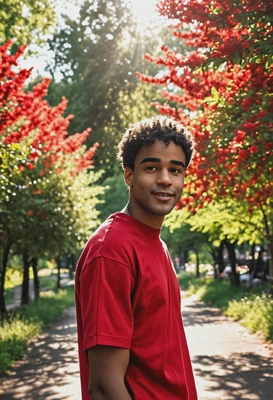 sharp face skin texture, wearing oversized loose-fitted chunky hip-hop red t-shirt, relaxed pose,  bright sun rays, blurry hip urban street with a lot of blooming trees background