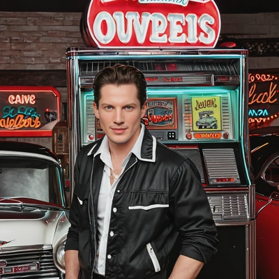 wearing a vintage rockabilly outfit, standing next to a jukebox at a retro diner-themed party, with classic cars and neon signs all around