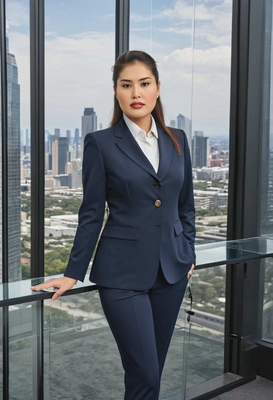 as a CEO in a sleek tailored navy blue suit, standing confidently in a modern glass-walled office with a skyline view