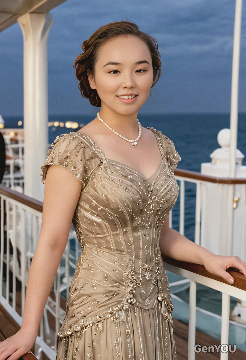 as Rose DeWitt Bukater from Titanic, smiling, in a 1910s evening gown, standing on the deck 