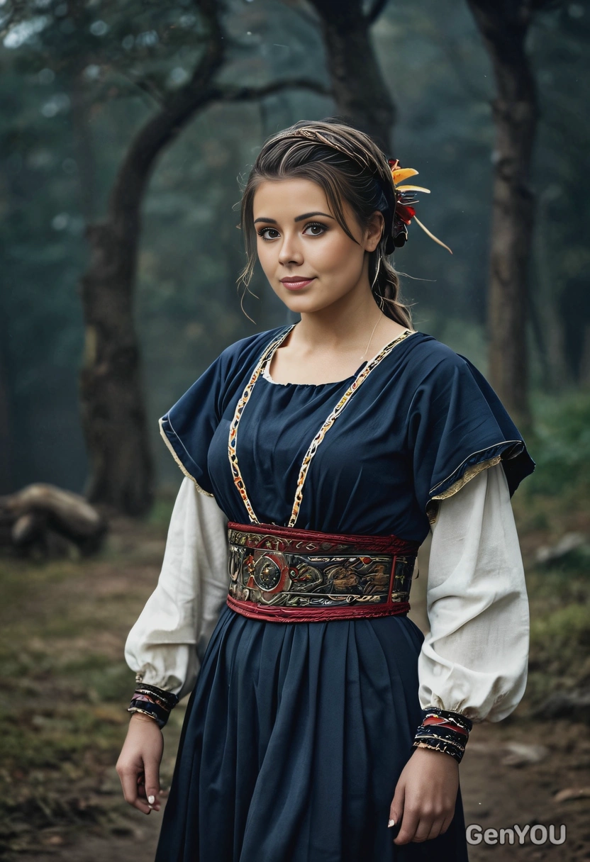 folklore, traditional roman dress, dark atmosphere, blurred background