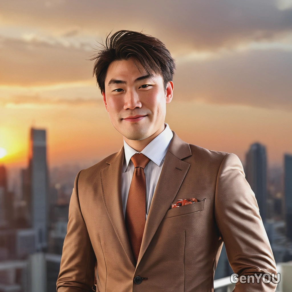 sharp high-quality mid-body photo, sharp skin texture details, nice hairdo, neat brown business suit relaxed pose, blurry office background, sunset lighting